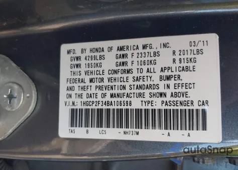 2011 Honda Accord 2.4 Lx from USA, damaged, VIN 1HGCP2F34BA106598